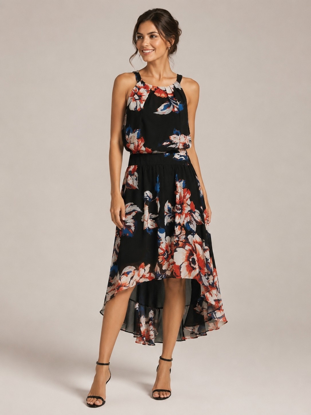 Womens Halter Sleeveless Black Floral High-Low Midi Dress Size 14